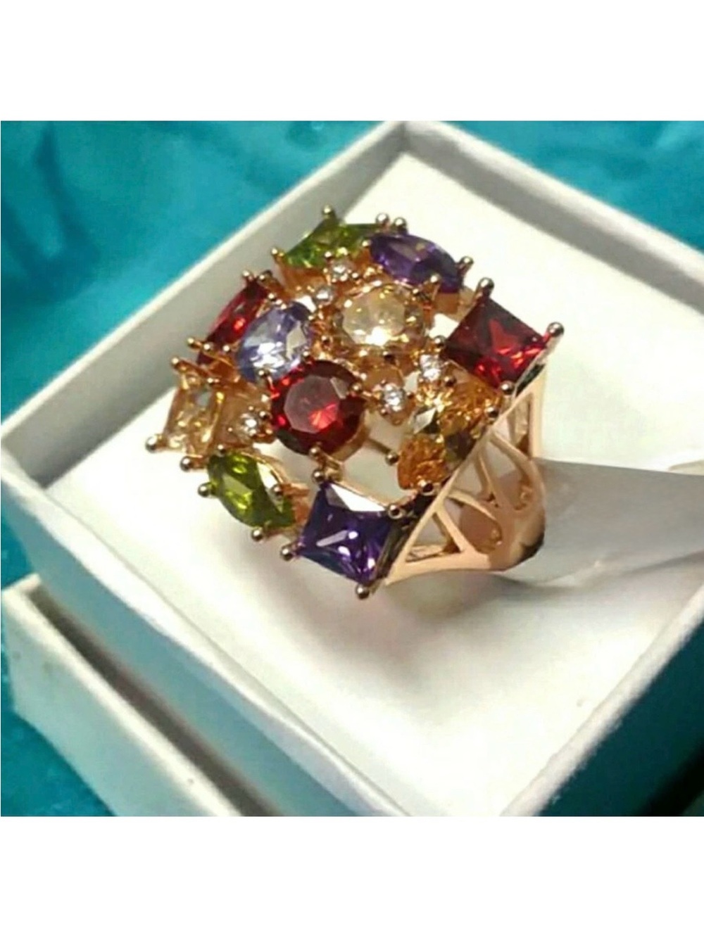 Rose Gold-Tone Statement Rainbow Gemstone Cluster Cocktail Ring. Size 7.5